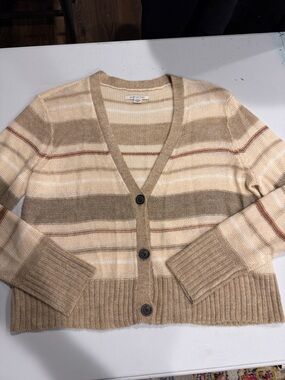American Eagle Outfitters Striped V-Neck Button Cardigan - Cream, Tan, Brown